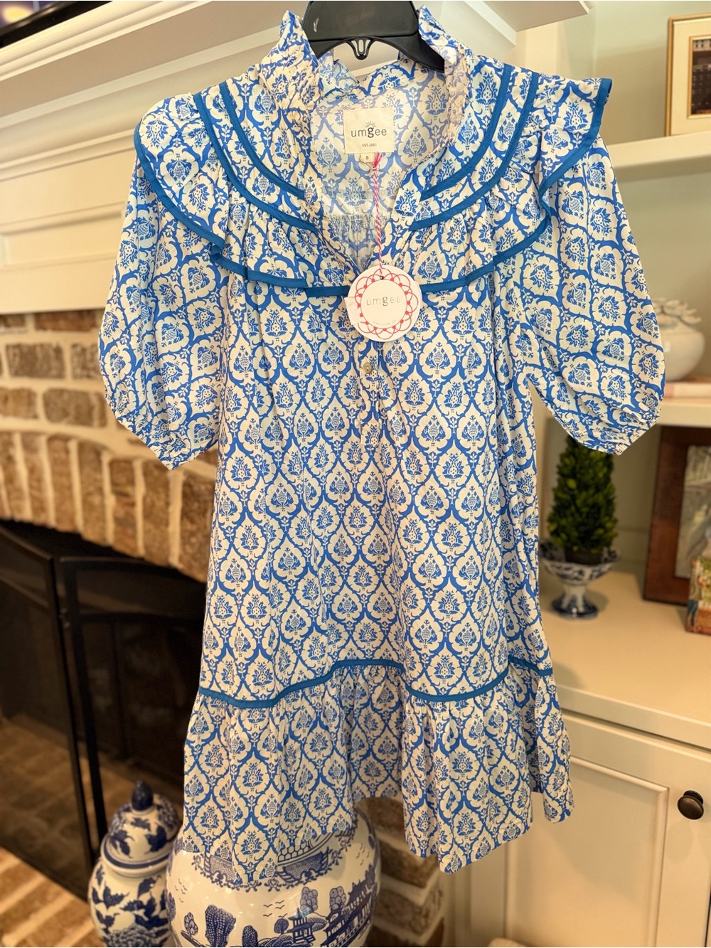 Umgee Blue and White Peasant Shift Dress with Ruffle Yoke